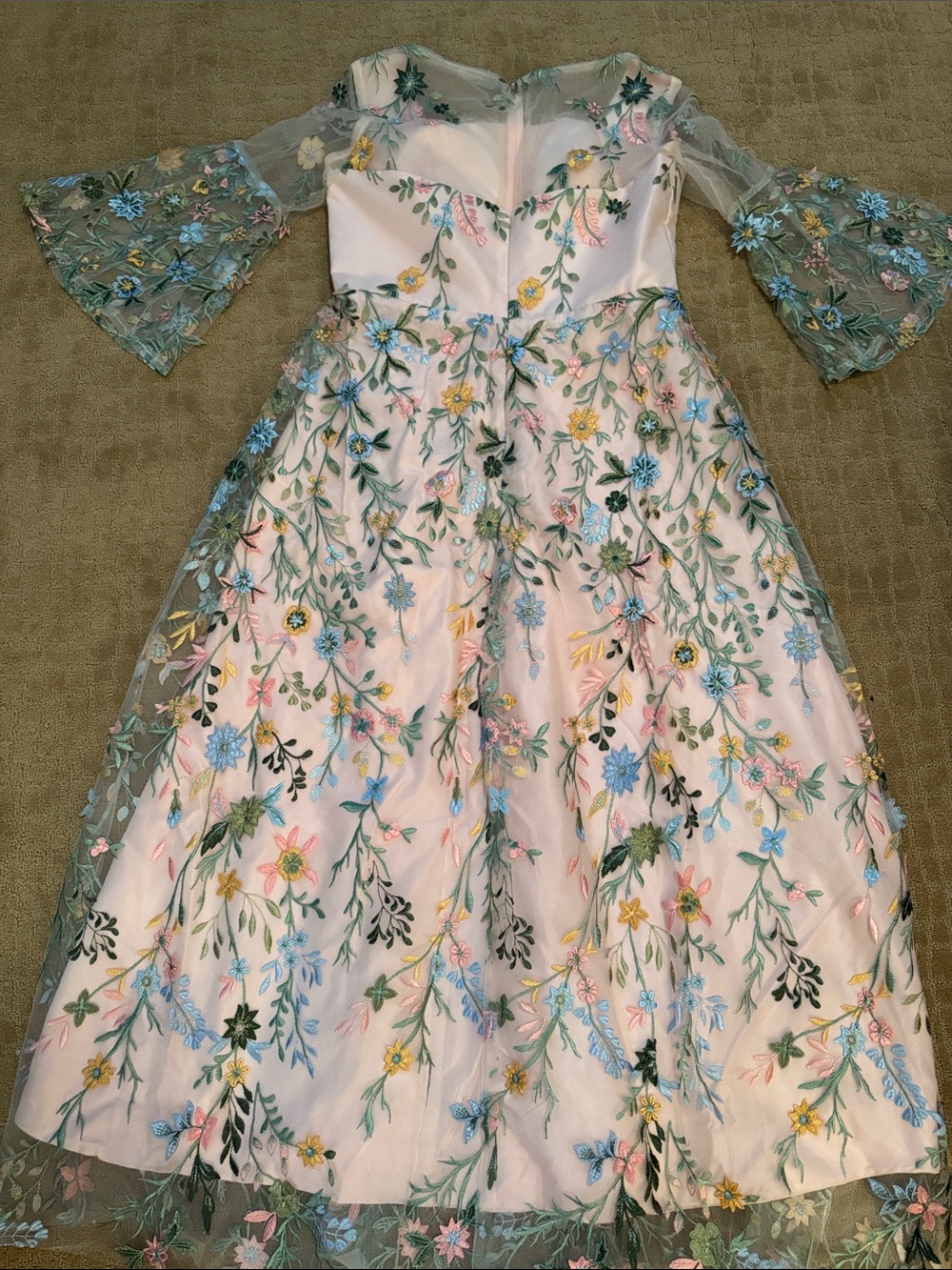 Charming Pink Floral Midi Dress with Green Lace Overlay - Picture 3 of 3